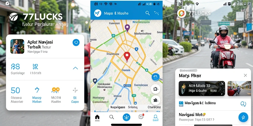 Screenshot antarmuka aplikasi Navigasi Motor 77LUCKS yang menampilkan fitur rute dan cuaca.
