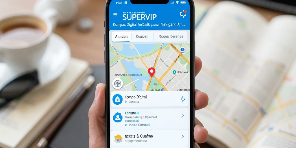 Antarmuka utama <strong>SUPERVIP</strong> yang menampilkan kompas digital dan fungsi navigasi.