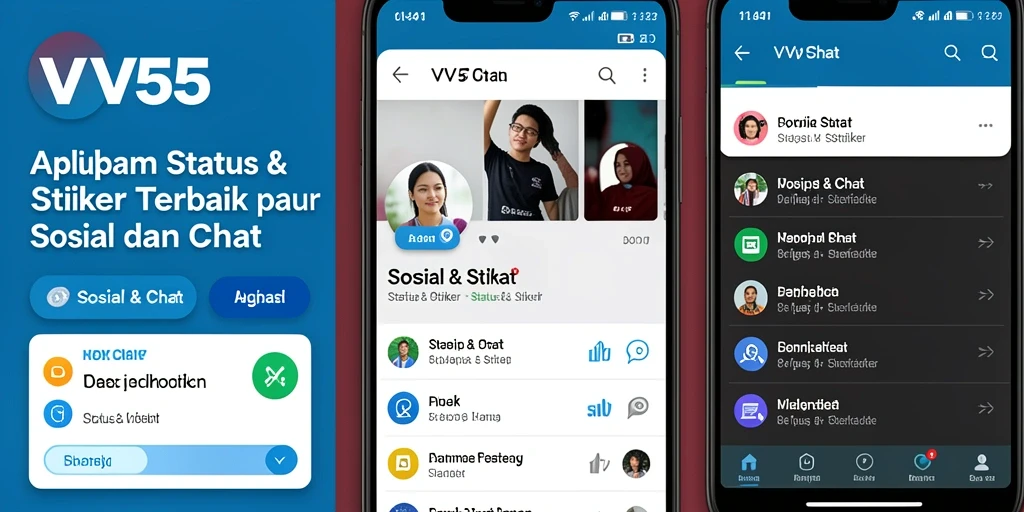 Tampilan antarmuka aplikasi VV55 dengan berbagai fitur Status & Stiker.